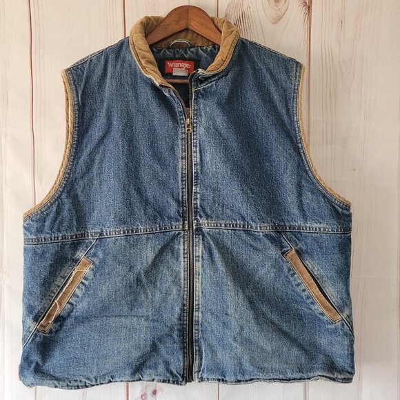 Vintage Wrangler Hero Men XL Blue Denim Sherpa Lined Vest Corduroy Collar, Zip - Picture 1 of 7